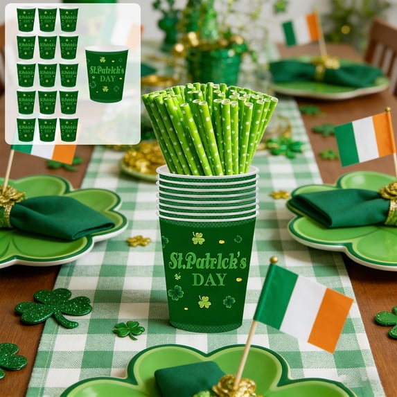 PONPRNGY 16Pcs St Patrick's Day Paper Tableware Set Lucky Clover Disposable Cups Shamrock Dinnerware for Irish Decorations Supplies
