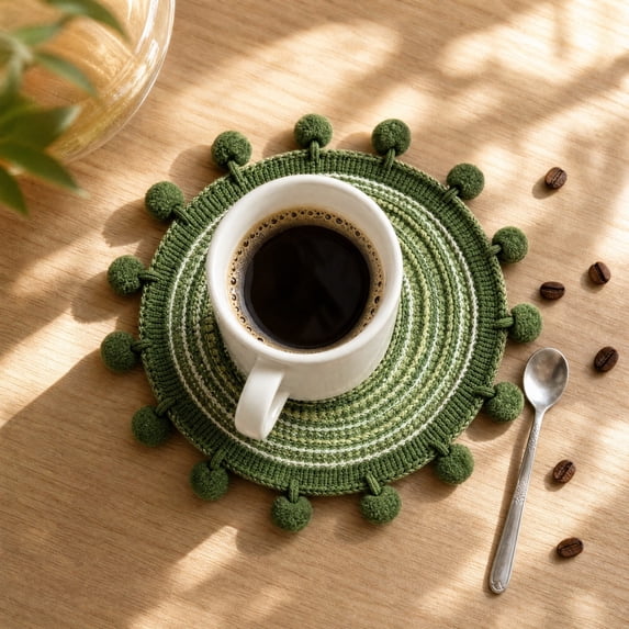 PONPRNGY 1Pc 5" Boho Braided Placemats, Round Table Mats with Tassel, Fringe Washable & Heat Resistant for Dining Table, Farmhouse Kitchen Decor