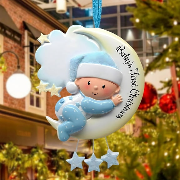 PONPRNGY 1Pc Baby's 1st Christmas Ornament Personalization Baby Boy On Moon Newborn Grandson's First Christmas Godchild
