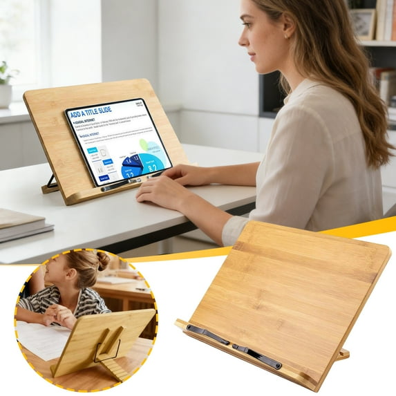 PONPRNGY 1Pc Bamboo Book Stand, Adjustable Book Holder Tray and Page Paper Clips-Cookbook Reading Desk Portable Stable Hard-Wearing Lightweight Bookstand-Textbooks Books