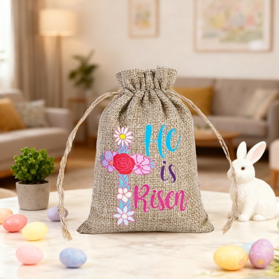 PONPRNGY 1Pc Easter Burlap Goody Bags, Egg Bunny Chick Treat Drawstring Linen Bags for Easter Party Favor