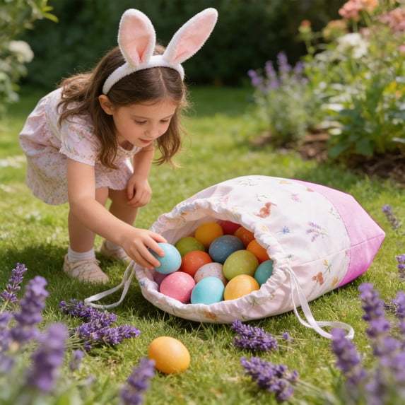 PONPRNGY 1Pc Easter Storage Bags Gift Bags Small Size Cloth Bag Printed Drawstring Bag Bunny Flower theme