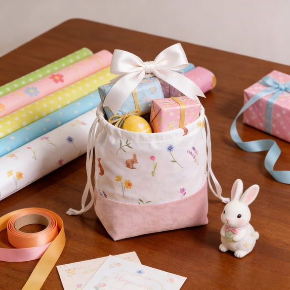 PONPRNGY 1Pc Easter Storage Bags Gift Bags Small Size Cloth Bag Printed Drawstring Bag Bunny Flower theme