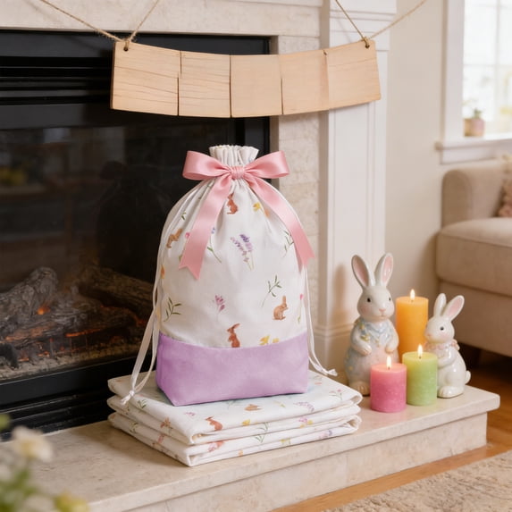 PONPRNGY 1Pc Easter Storage Bags Gift Bags Small Size Cloth Bag Printed Drawstring Bag Bunny Flower theme