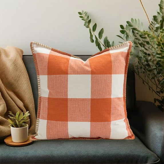 PONPRNGY 1Pc Fall Orange Decor Throw Pillow Covers Outdoor 19x19 Thanksgiving Decorative Buffalo Plaid Checkers Rustic Cushion Cases Autumn Farmhouse Home Decor for Couch Bedroom