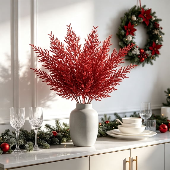 PONPRNGY 1Pc Glitter Artificial Pine Needles Branches, 14" Sparkle Christmas Tree Pick Decorations, Sprays Cedar Leaves Stems Winter Flower Arrangement Xmas Holiday Décor