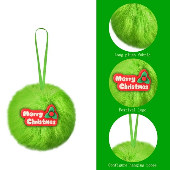 PONPRNGY 1Pc Lime Green Furry Christmas Ball Ornaments with Red Sign for Tree Green Christmas Hanging Decorations Soft Faux Fur Pom Pom Ball Ornaments for Home Party Supplies