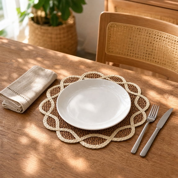 PONPRNGY 1Pc Rattan Paper Place Mats Farmhouse Wicker Printed Paper Place Mats for Dinner Plates Woven Pattern Round Table Mats for Dining Wedding