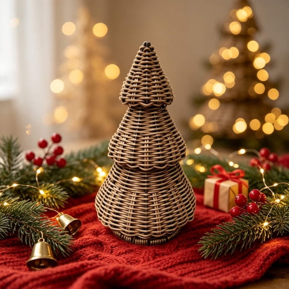 PONPRNGY 1Pc Woven Christmas Trees Decor, Artificial Christmas Tree Decorations for Home Party Table Village Craft Indoor Outdoor Vintage Christmas Decor