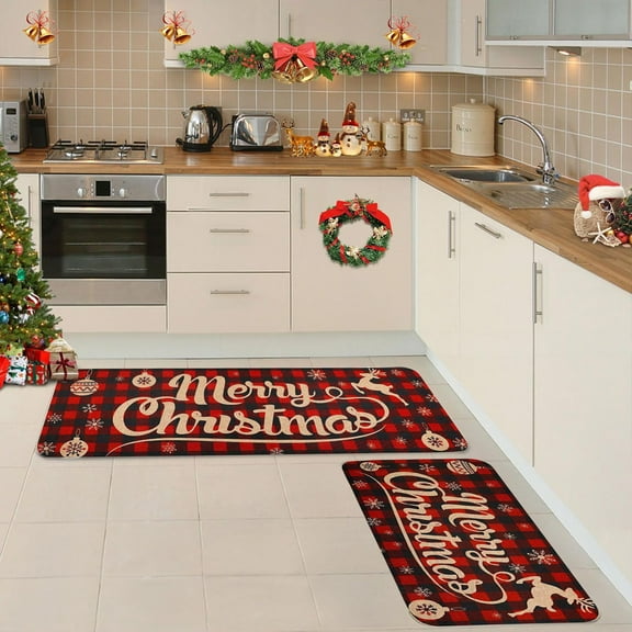 PONPRNGY 2 Pcs Christmas Kitchen Rugs and Mats for Floor Non Slip Backing Mat Merry Christmas Kitchen Decor Kitchen Rug Sets Xmas Decor