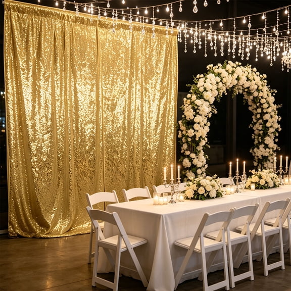 PONPRNGY 23 x 118 Inch Gold Sequin Backdrop, Wedding/Party Backdrop, Sparkling Photography Prop