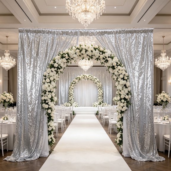 PONPRNGY 23 x 118 Inch Silver Sequin Backdrop, Wedding/Party Backdrop, Sparkling Photography Prop