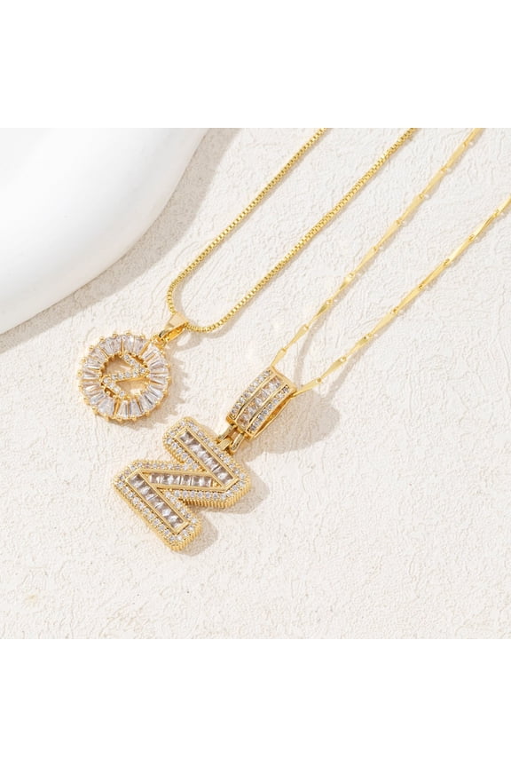 2Pcs Letter Necklace Gold Plated Bling Dainty Necklaces Trendy Chunky Custom Name Necklace Personalized Round Circle Pendant Zirconia Letters Name Crystal Jewelry Gifts for Women
