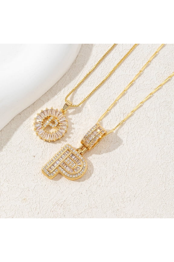 2Pcs Letter Necklace Gold Plated Bling Dainty Necklaces Trendy Chunky Custom Name Necklace Personalized Round Circle Pendant Zirconia Letters Name Crystal Jewelry Gifts for Women