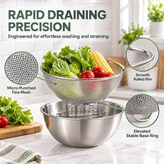PONPRNGY 2Pcs Stainless Steel Colander for Kitchen Pasta, Rice Washer ...