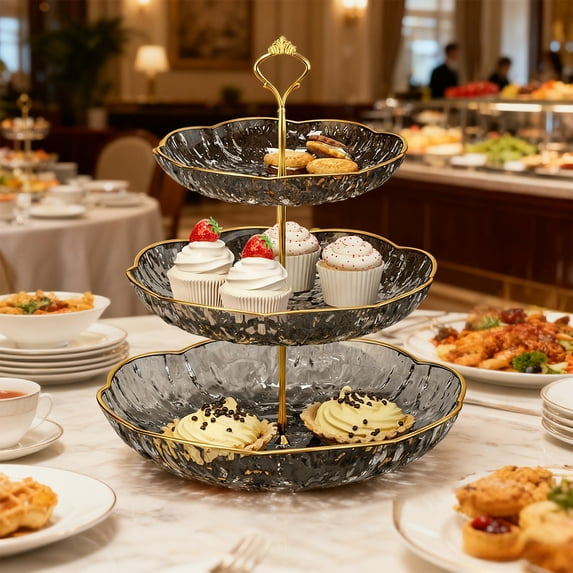 PONPRNGY 3 Tier Cupcake Stand Bulk Tiered Dessert Stand Thick Plastic Serving Tray with Gold Edges Dessert Table Display Set Tea Cake Holder for Wedding Birthday Party