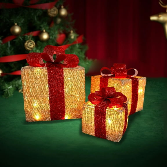 PONPRNGY 3Pcs Festive Christmas Lighted Gift Boxes, Collapsible Indoor Holiday Decorations with Pre-Lit Warm LED Lights, Sturdy Frame & Glittering Fabric, for Fireplace & Christmas Tree