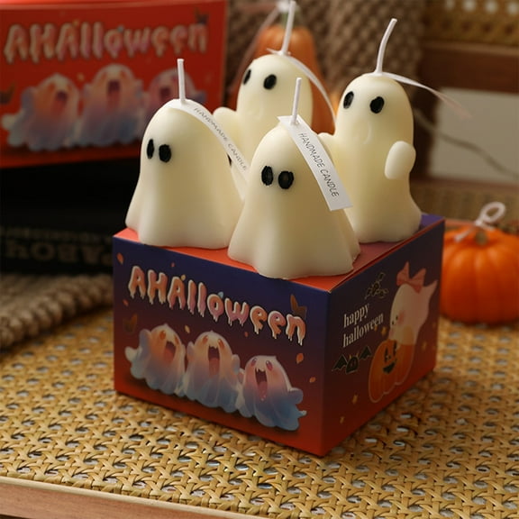 PONPRNGY 4Pcs Halloween Ghost Candles, Ghost Scented Candles, White Horror Spooky Tea Lights Candles Set Goth Gifts for Ghost Decor Fall Halloween Party Home Bedroom Room Table Decoration