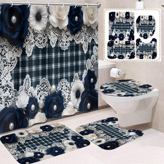 PONPRNGY 4Pcs Shower Curtain Set Pink Fashion Floral Bathroom Decor Inspirational Quotes Bathroom Shower Curtain with Rugs and Accessories Girly Perfume Bathroom Set