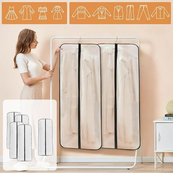 PONPRNGY 5 Pack Garment Bags for Hanging Clothes (23x47") - Dustproof Suit Bags for Closet Storage - Durable Plastic Covers with Sturdy Zipper for Coats, Jackets & Dresses