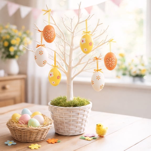 PONPRNGY 6Pcs Easter Hanging Eggs, Multicolored Plastic Easter Egg Hanging Ornaments, Decorative Hand Painted Ball DIY Crafts Tree Ornaments for Decoration