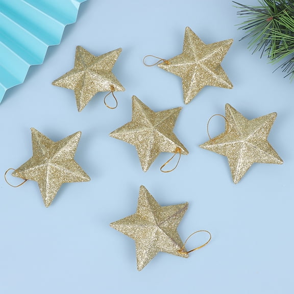PONPRNGY 6Pcs Glitter Star Ornaments Christmas Tree Pendant Mini Hanging Stars Plastic Christmas Decorations Plastic Festive Embellishments for Holiday Parties Weddings Home Decoration