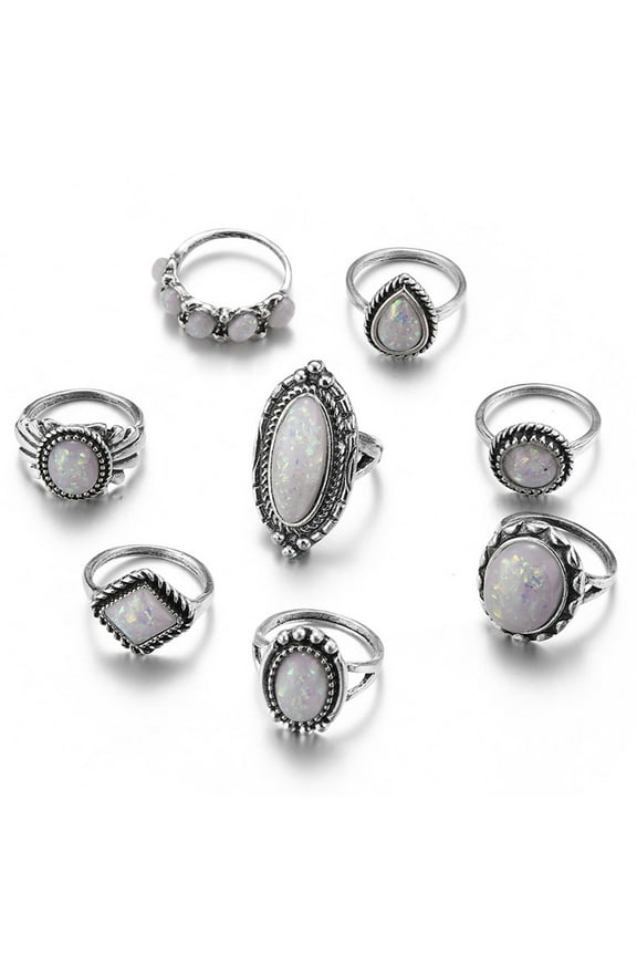 8Pcs Opal Joint Knuckle Rings Set Antic Silver Retro Statement Rings for Women Valentine's Day Gift