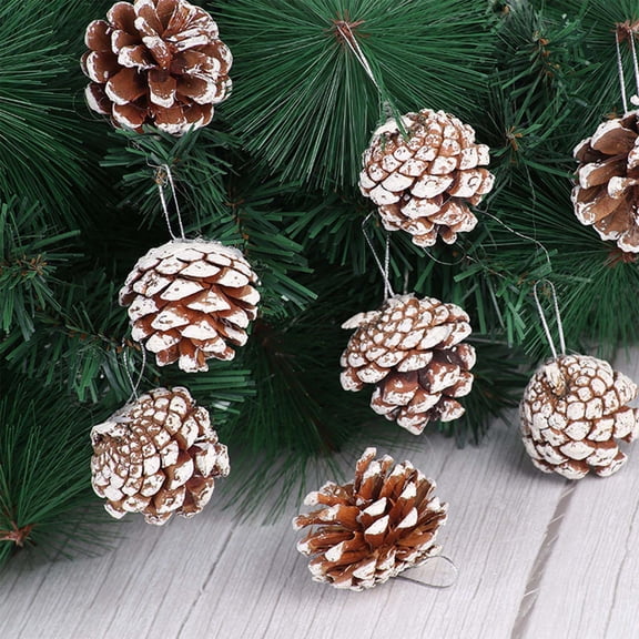 PONPRNGY 9pcs Christmas Pine Cones, Natural Pinecones Ornaments with String, Christmas Tree Pine Cones, Snow Pinecones for Christmas Tree, Garland, Wreaths, Xmas Craft Hanging Decoration