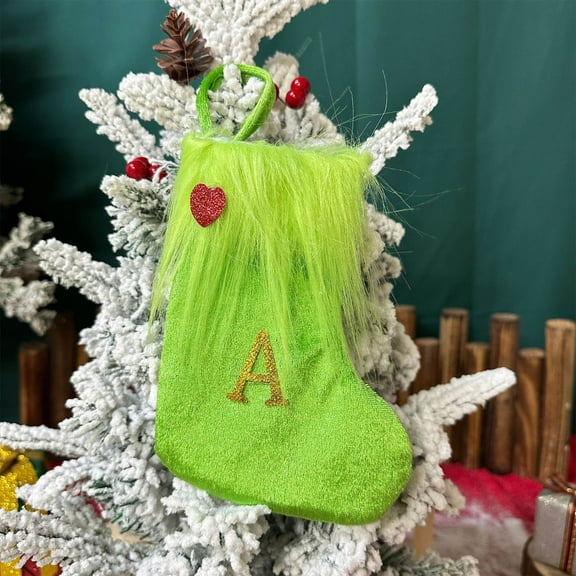 PONPRNGY A-Z Letter Christmas Stockings - 7 inch Green Velvet Holiday Stockings for Fireplace Mantle or Wall Decor - Perfect for Christmas Decorations