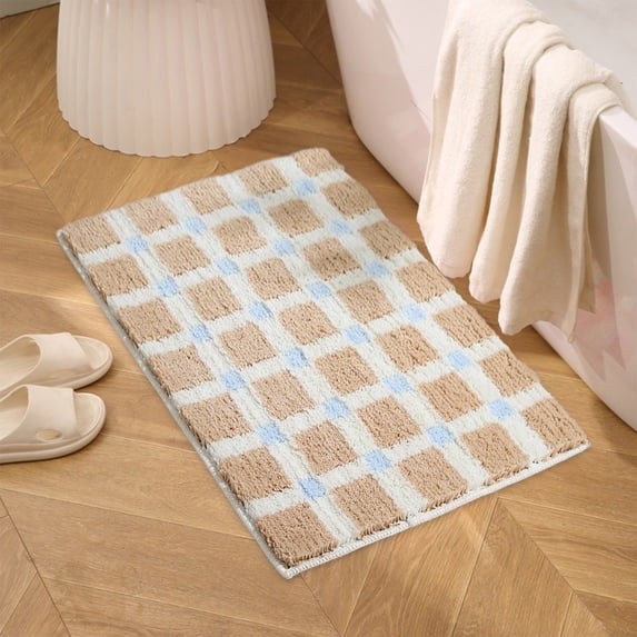 PONPRNGY Bath mats for Bathroom Non Slip, Fluffy Absorbent Microfiber Bath mat Washable, Aesthetic Bathroom Rugs, Small Checkered Bath Mat