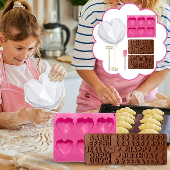 PONPRNGY Chocolate Mold Set, Chocolate Heart Molds, Breakable Heart Mold with Hammer, Number and Letter Molds for Cake Decoration Candy Making-Suitable for Various Festivals