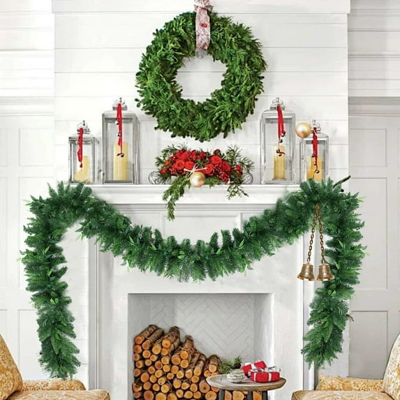 PONPRNGY Christmas 108IN Green Wreath and Garland Artificial Faux Greenery Norfolk Pine for Holiday Indoor Mantle Decor