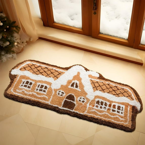 PONPRNGY Christmas Rug, Gingerbread House Shaped Area Rug, Non-Slip Ultra Soft Microfiber Door Mat Plush Christmas Decorative Rug for Living Room Bedroom, Beige