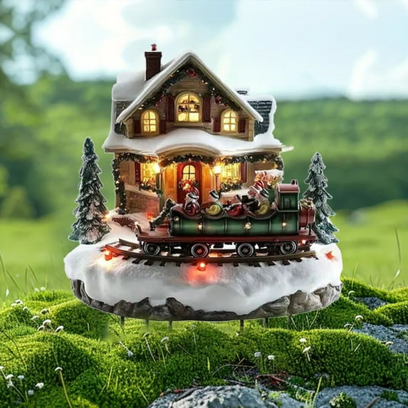 PONPRNGY Christmas Train House Santa Claus Cedar Acrylic Floor Decorative Wall Hanging Insert Sign Potted Decorations