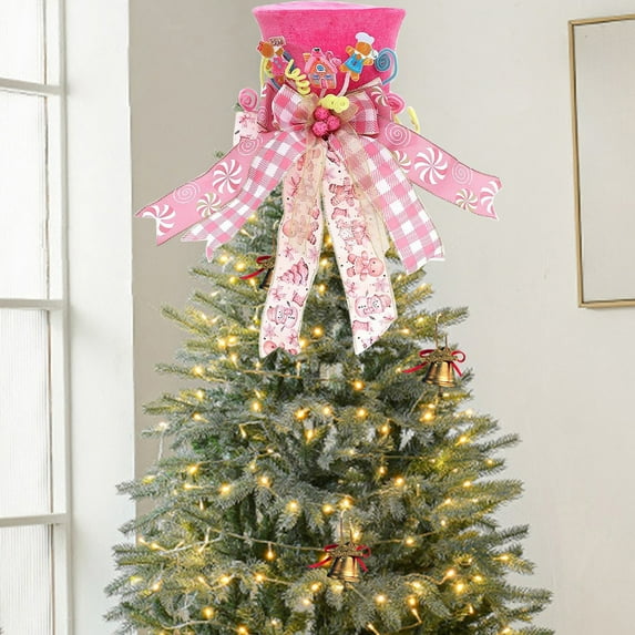 PONPRNGY Christmas Tree Topper Hat with Bow, Stripes Top Hat Ornament with Polka Dot Bow, Winter Holidays Xmas Decor for Home Decoration