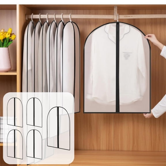 PONPRNGY Clear Garment Bags for Hanging Clothes, 5 Packs Suit Bags for Closet Storage, Plastic Waterproof Suit Cover Bags with Zipper for Coats, Jackets, Shirts