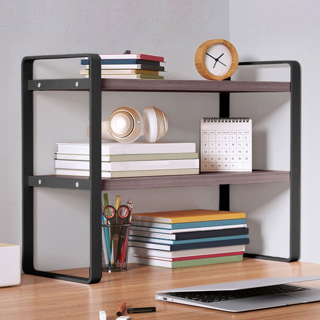 PONPRNGY Desktop Organizer Shelf, 2-Tier Multipurpose Wood office Desk Storage Rack,Small Computer Desk Bookshelf, Cubicle Decor Aesthetic Bookcase for Home office