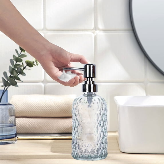 PONPRNGY Diamond Pattern Glass Soap Dispenser, Kitchen and Bathroom Refillable Soap Dispenser with Rust Resistant Pump for Hand Soap, Lotion Glass Liquid Dispenser