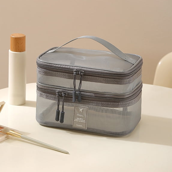 PONPRNGY Double Layer Makeup Bag, Large Mesh Travel Cosmetic Pouch with Double Zipper, Vertical Make up Bag, Multifunctional Toiletry Bag for Makeup Brushes