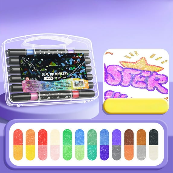PONPRNGY Dual Tip Markers - Glitter 12Pcs - 24 Sparkling Colors, Water-Based Ink, Adults Art Supplies, Crafts & Scrapbooking