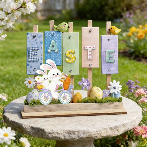 PONPRNGY Easter Bunny Tabletop Decorations Happy Easter Egg Wooden Signs Rustic Table Centerpiece for Home Ornament and Tiered Tray Home Party Favor Spring Indoor Decorations