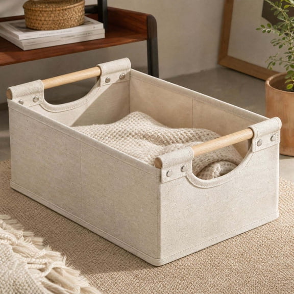 PONPRNGY Fabric Storage Bins Baskets with Wooden Handles, Collapsible Rectangle Basket, Shallow Basket Storage Bins for Shelves Closet Cloth