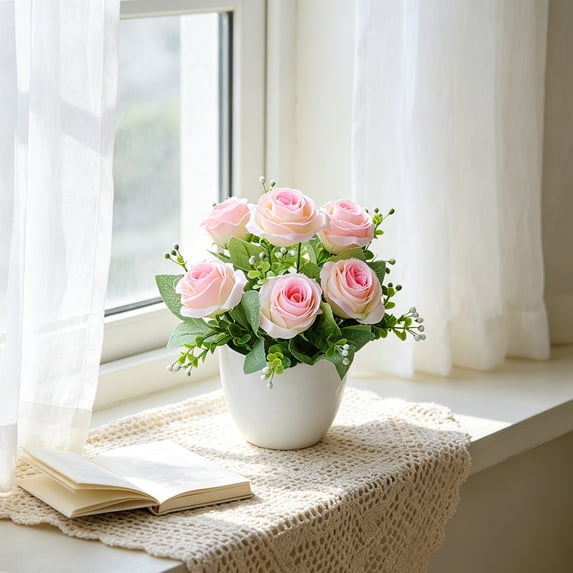 PONPRNGY Fake Flowers in Vase, Small Silk Roses Artificial Flowers in Vase, Faux Flower Arrangement with Vase for Home office Decoration, Coffee Dining Table Centerpiece