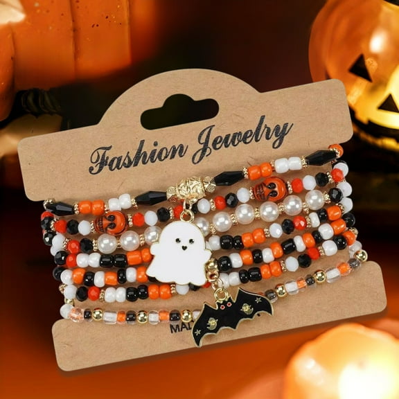 PONPRNGY Halloween Bracelets for Women Pumpkin Ghost Steleton Bat Skull Beaded Stackable Stretchy Bracelet Rugby Thanksgiving Christmas Bracelets