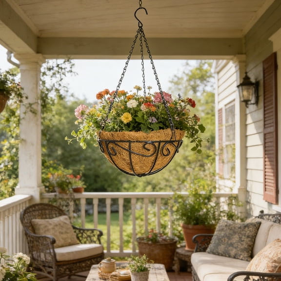 PONPRNGY Hanging Baskets Planter for Plants, 10 Inch Metal Baskets with Coco Coir Liner, Hanging Flower Pots for Outside with Chain, Indoor Outdoor Garden Porch Decoration (1 Pcs)