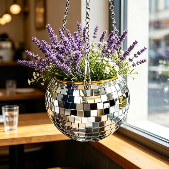 PONPRNGY Hanging Disco Ball Planter, Sliver Disco Mirror Ball Planter with Chain, Home Boho Hanging Planter for Indoor Outdoor Plants