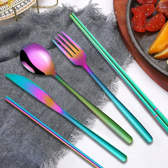 PONPRNGY Korean Stainless Steel Cutlery Set Knife fork Spoon Chopsticks Straw Brush Storage Bag 7 Pcs Outdoor Camping Portable Knife and fork Set
