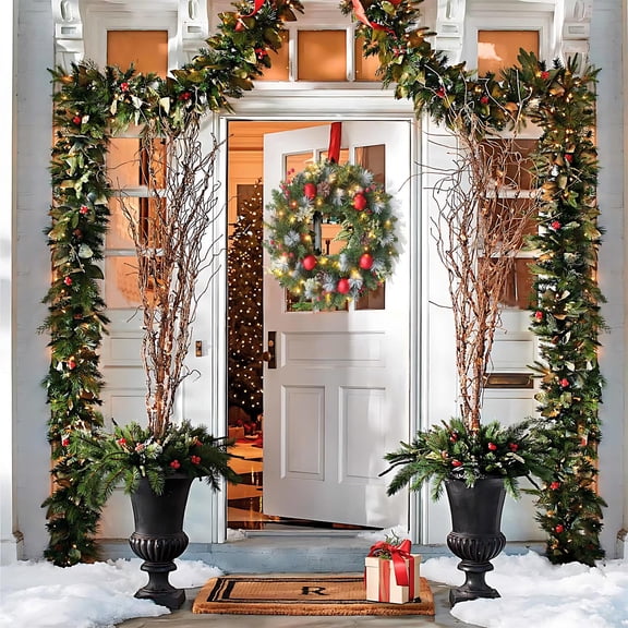 PONPRNGY LED Christmas Simulated First Snow Garland PVC Christmas Vines Ring Red Fruit PE Leaf Decorative Garland Wedding Party Gathering Wreath
