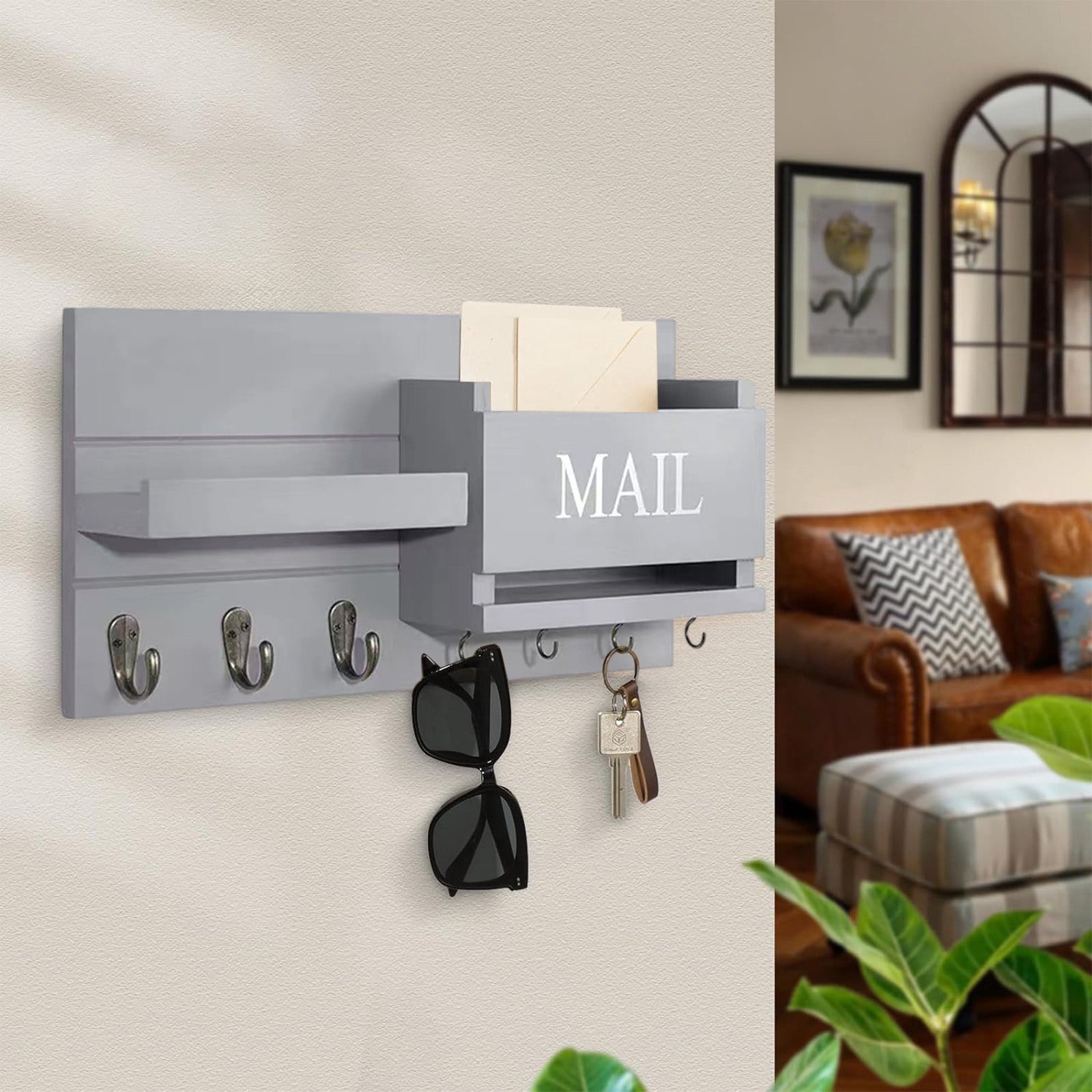 PONPRNGY Mail Organizer for Wall Mount – Key Holder with Shelf Includes Letter Holder and Hooks for Hallway Farmhouse Decor – Rustic Wood with Flush Mounting Hardware