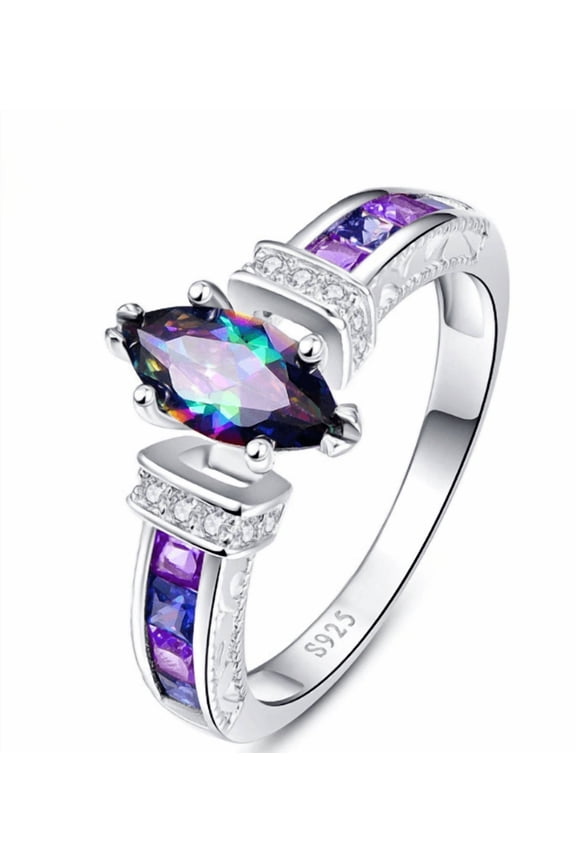 Marquise Cut Engagement Ring for Women, Wedding Promise Cubic Zirconia Band, Silver Plated Bridal Half Eternity Simulated Diamond Rings for Anniversary, Size 9
